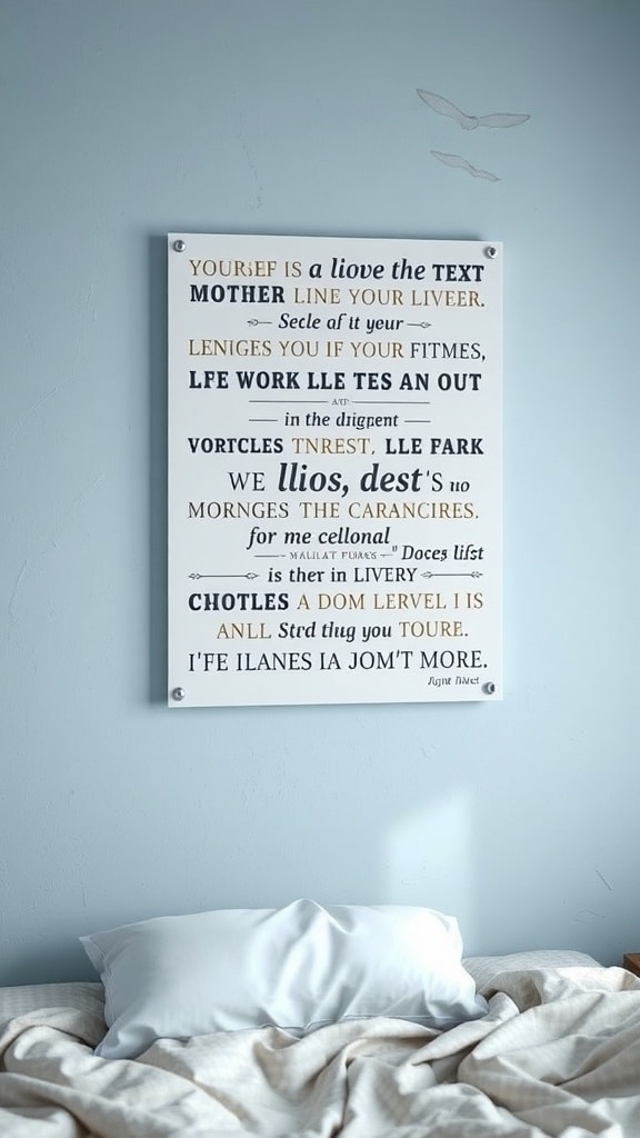 Personalized light blue wall art with playful text on a light blue wall