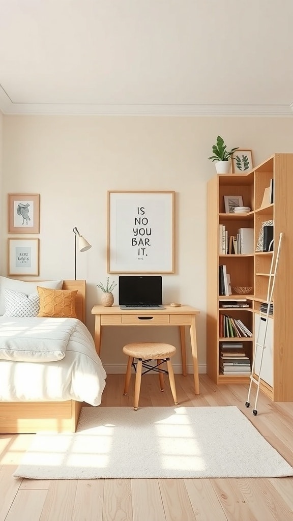 A cozy dorm room with cream walls and wooden furniture, featuring a bed, desk, and decorative elements.