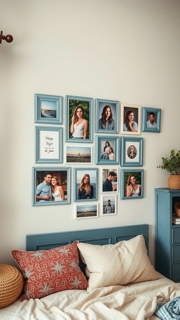 A personalized photo gallery with dusty blue frames showcasing various photos on a wall in a dorm room.