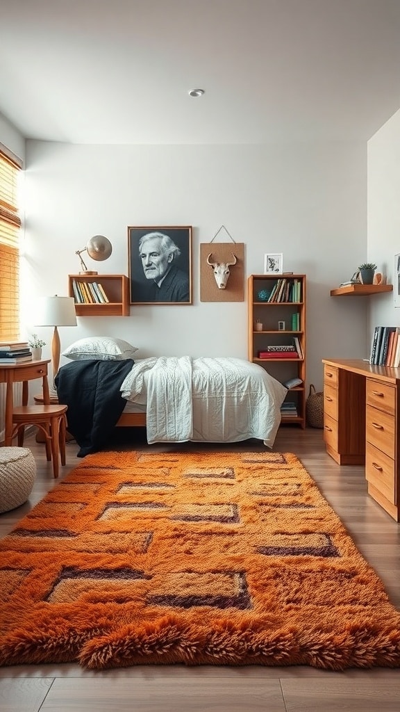 A cozy dorm room featuring a burnt sienna area rug with a unique pattern, wooden furniture, and warm lighting.