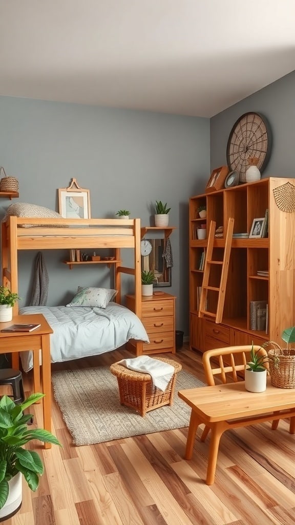 A cozy dorm room featuring natural wood furniture, light blue walls, and plants.