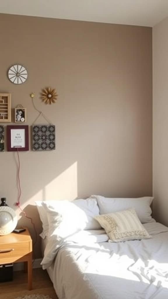 A dorm room with a taupe accent wall, featuring a bed, nightstand, and decorative wall art.