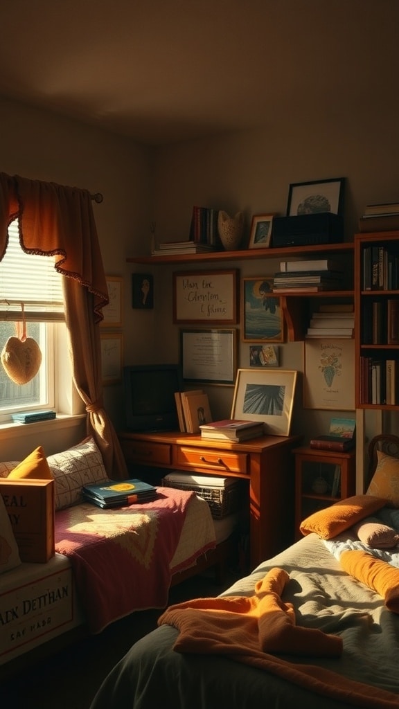 A cozy dorm room with caramel tones and soft lighting