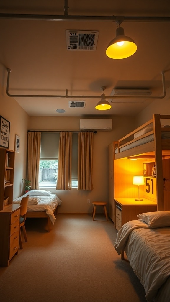A dorm room featuring mustard yellow lighting fixtures, with two beds, a desk, and warm decor.