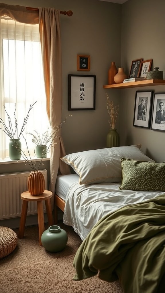 A cozy dorm room with olive green accents, featuring a bed, wooden shelf with framed photos, and decorative vases.