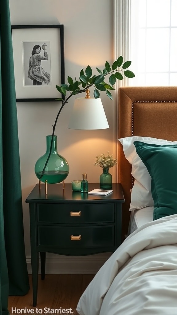 Emerald green bedside table with lamp, vase, and decorative items