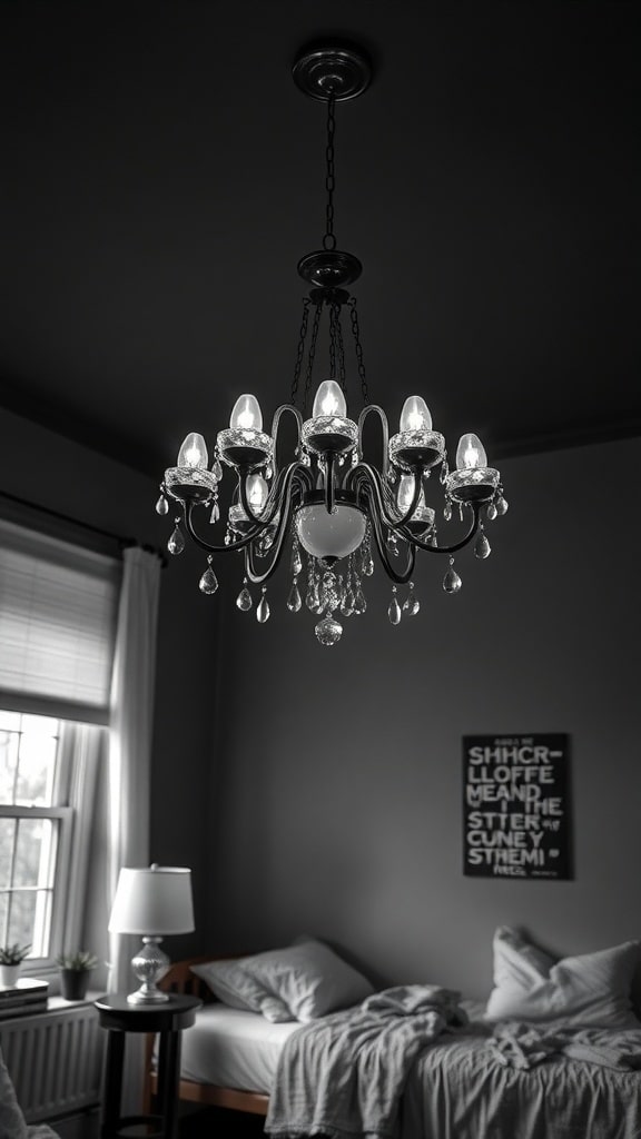 A black and white dorm room featuring a dramatic chandelier with crystals, soft bedding, and a cozy atmosphere.