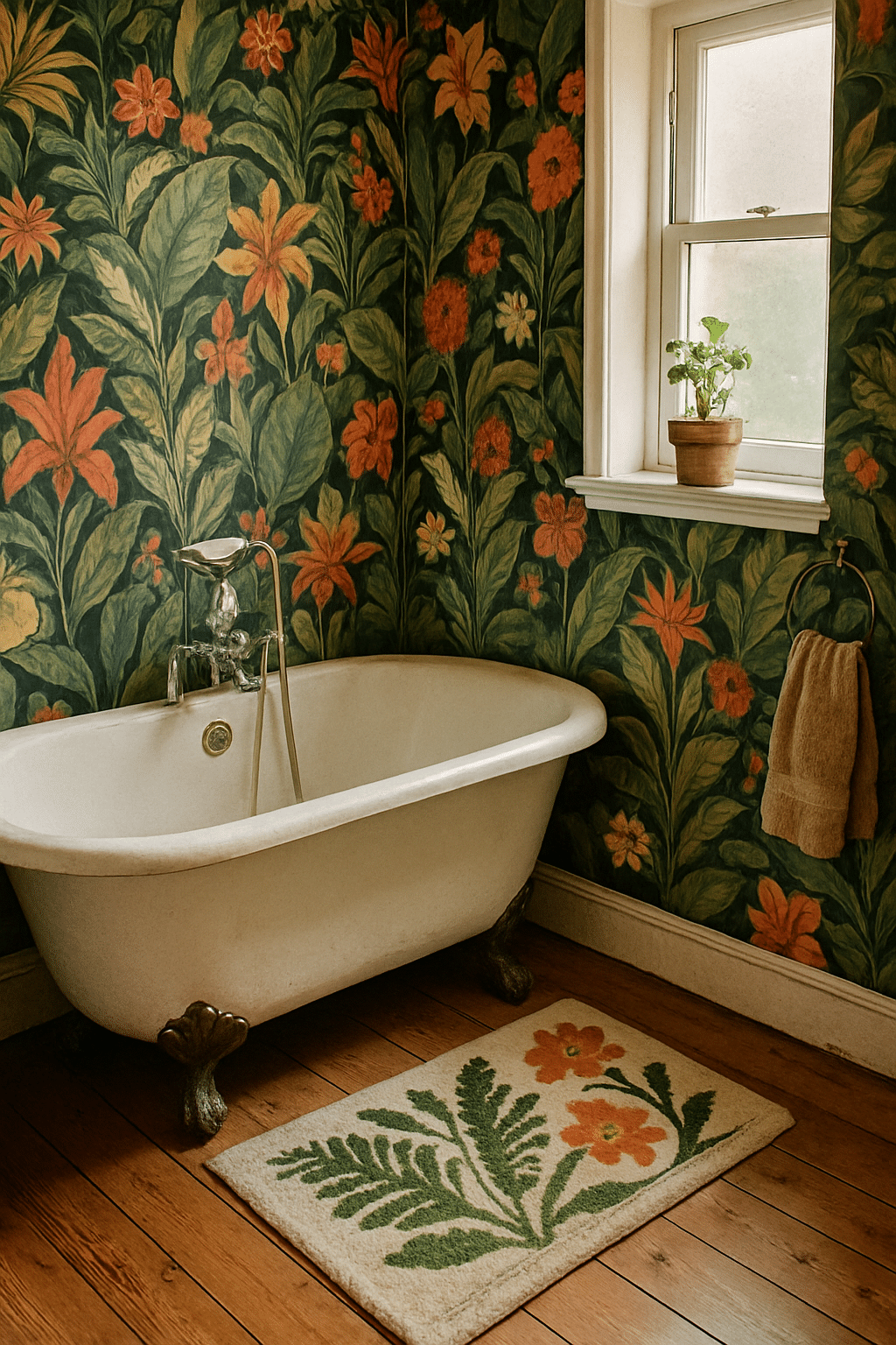 A bathroom with floral wallpaper, a clawfoot tub, and a potted plant on the windowsill.