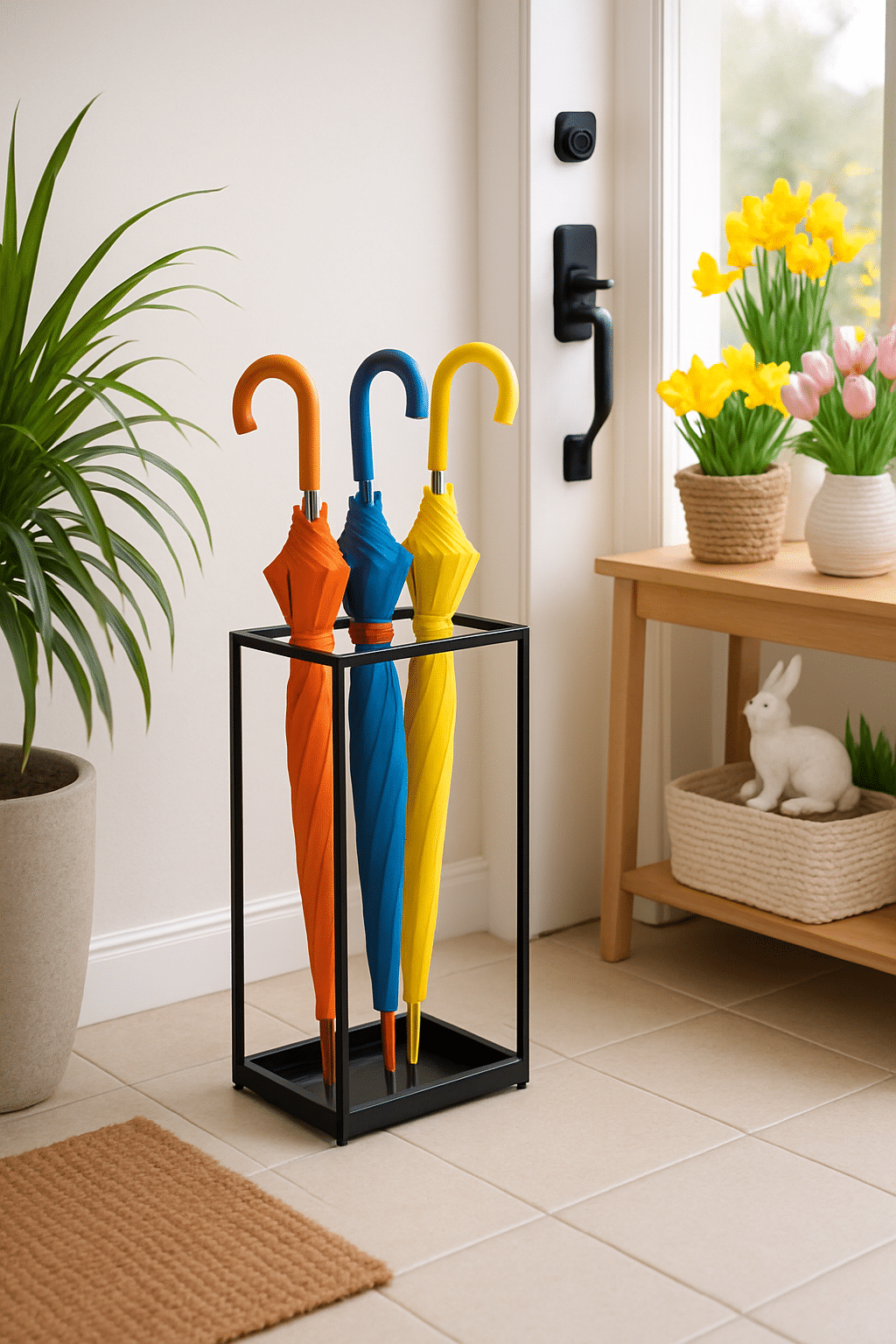 Colorful umbrellas in a stylish black umbrella stand in a bright entryway