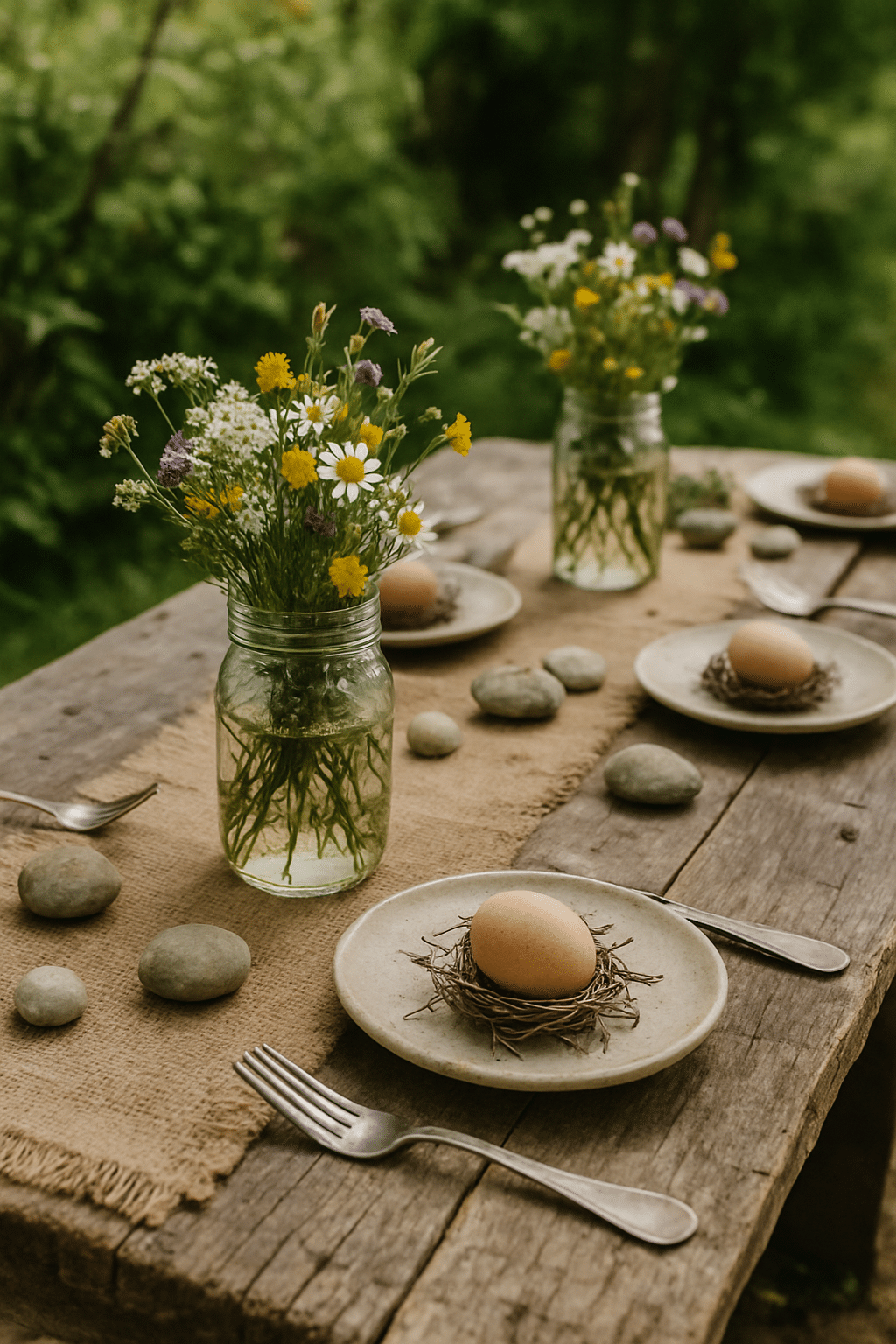 A rustic Easter dining table setting with wildflowers in mason jars, eggs on plates, and stones.