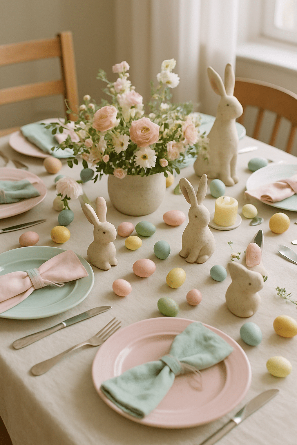 A pastel-themed Easter dining table with bunny figurines, colorful eggs, and a floral centerpiece.