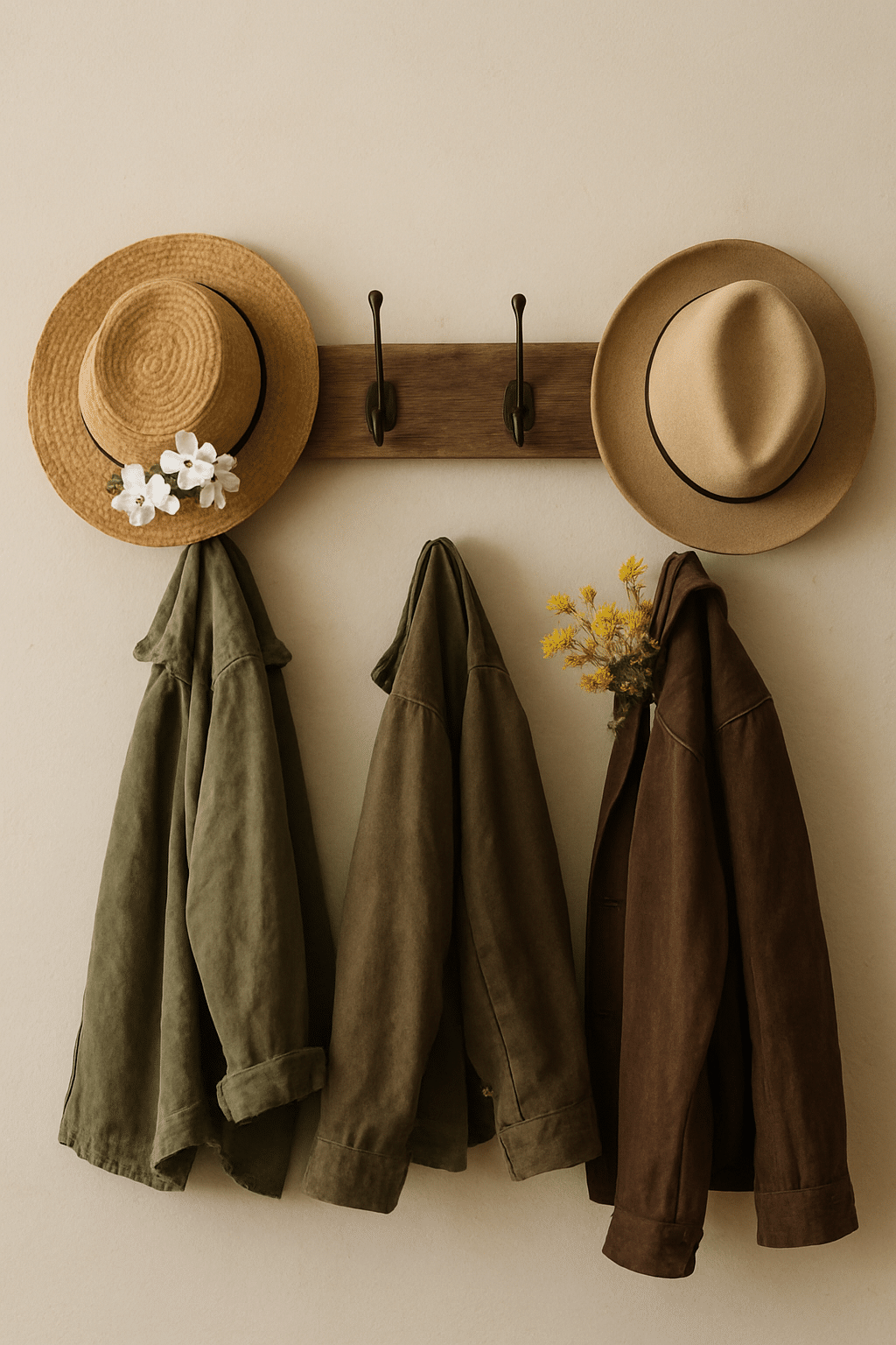 A wall hook with hats and jackets hanging, featuring flowers on one hat.