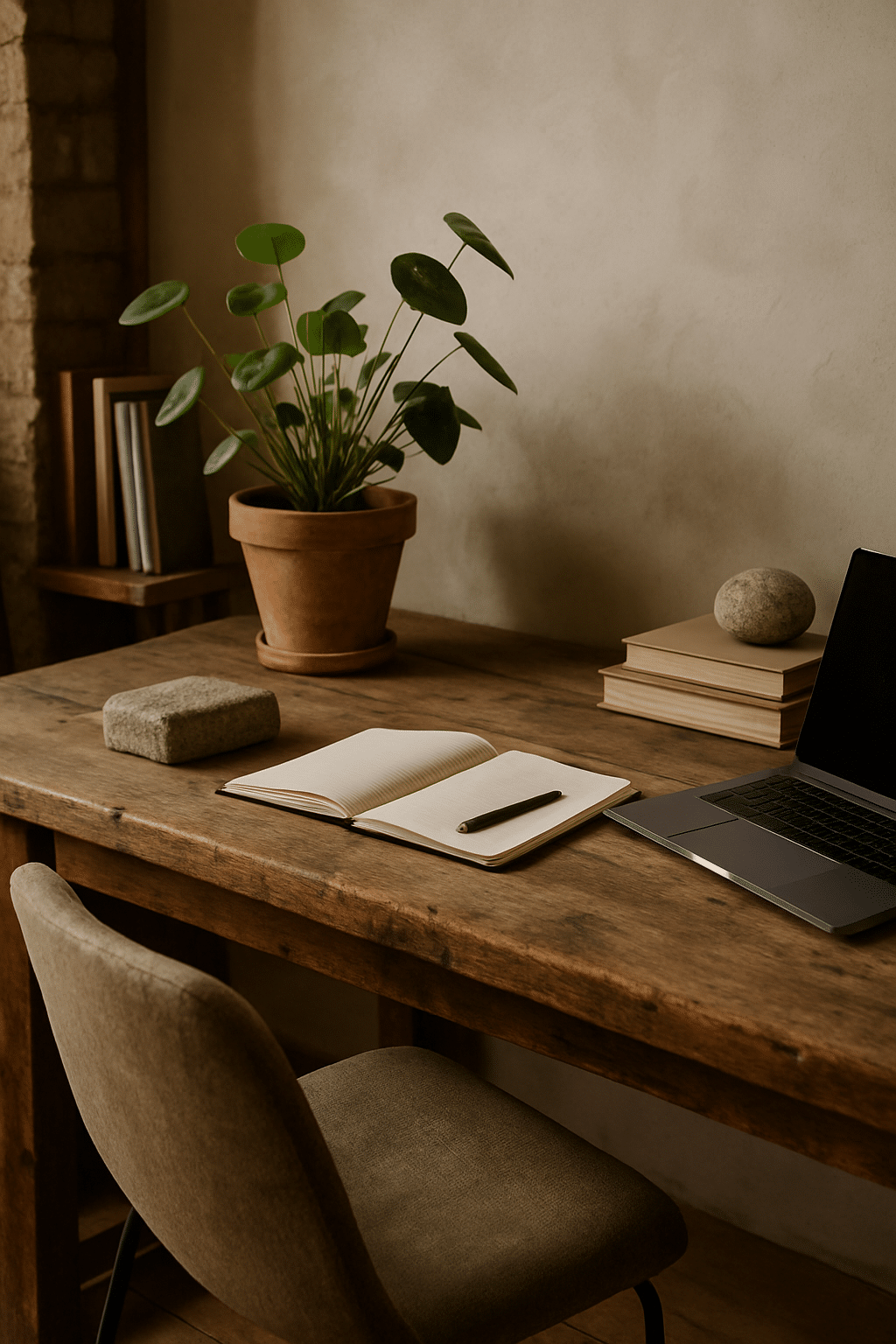 A cozy home office with a wooden desk, a potted plant, stone accents, and a laptop.
