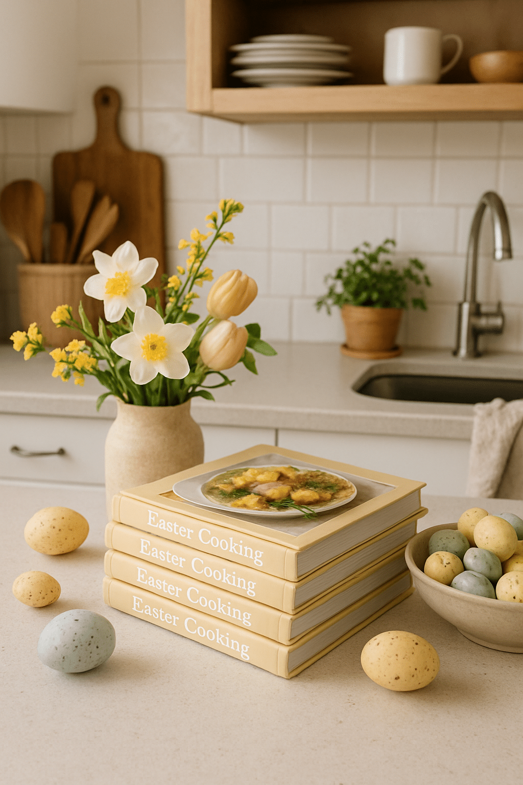 A kitchen counter featuring a stack of Easter-themed cookbooks, fresh flowers in a vase, and decorative pastel eggs.