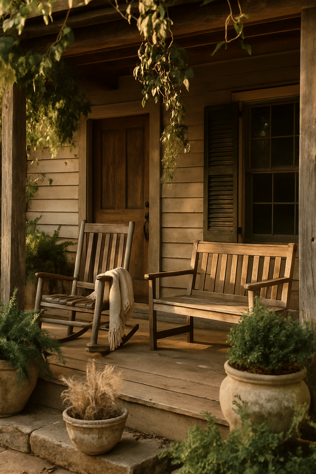 A rustic front porch with wooden rocking chairs, a cozy blanket, and potted plants.