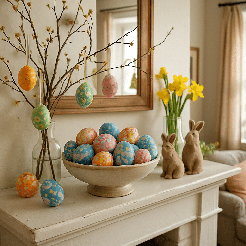 A festive Easter mantle display featuring colorful eggs, a decorative branch, bunny figurines, and daffodils.