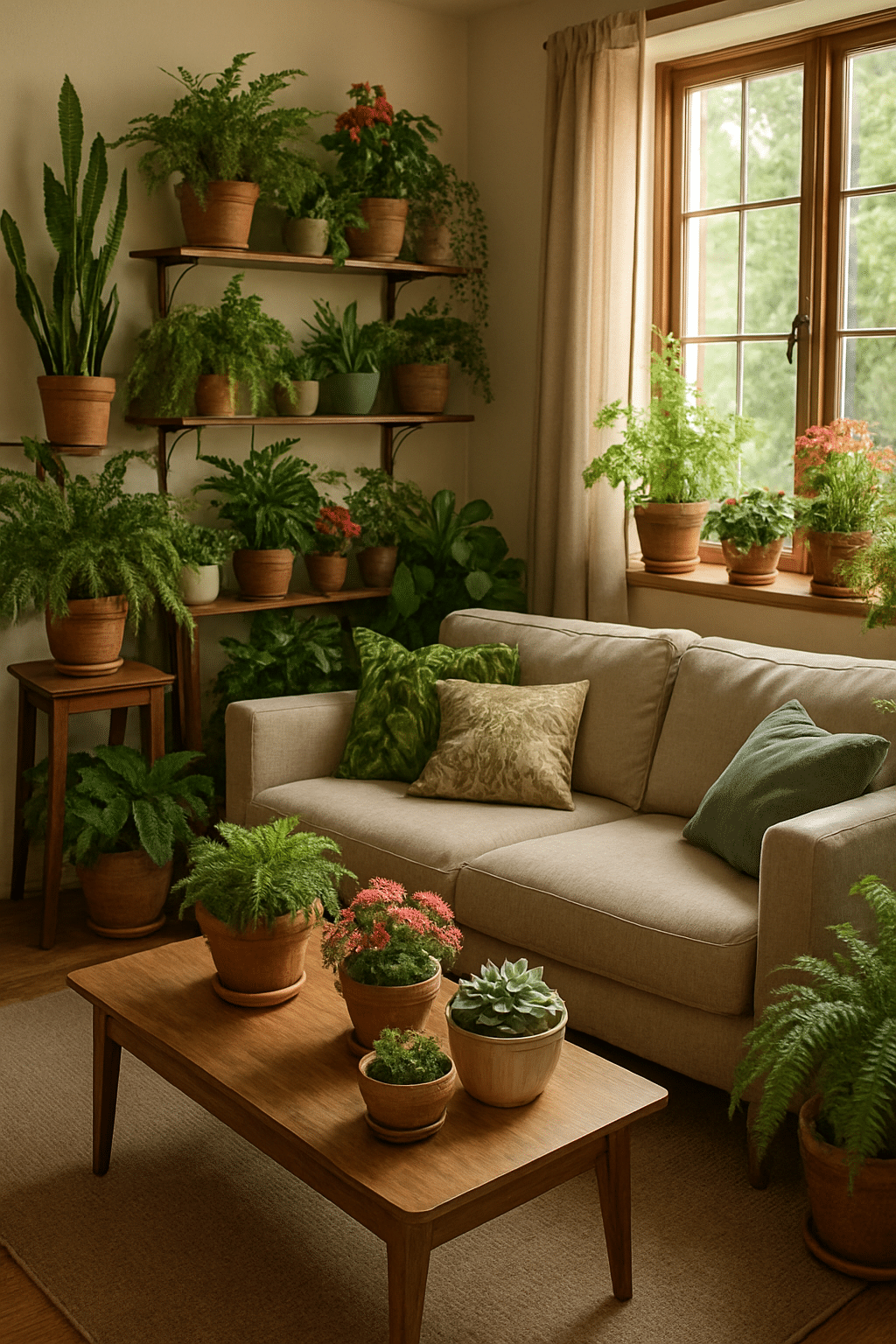 A cozy living room with a yellow couch, green curtains, and various potted plants on shelves and the floor.