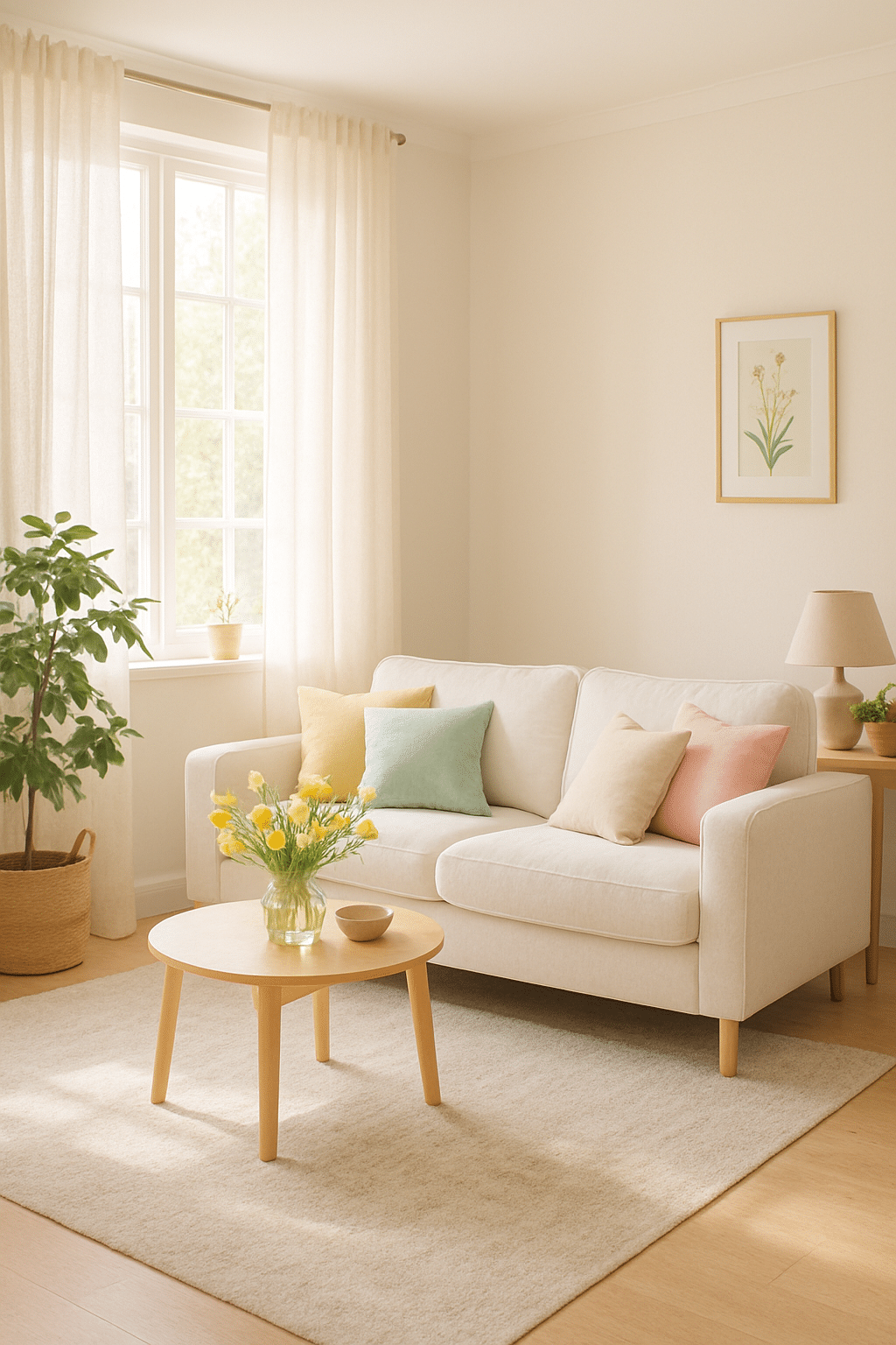 A bright living room with light curtains, pastel cushions, and a vase of yellow flowers on a coffee table.