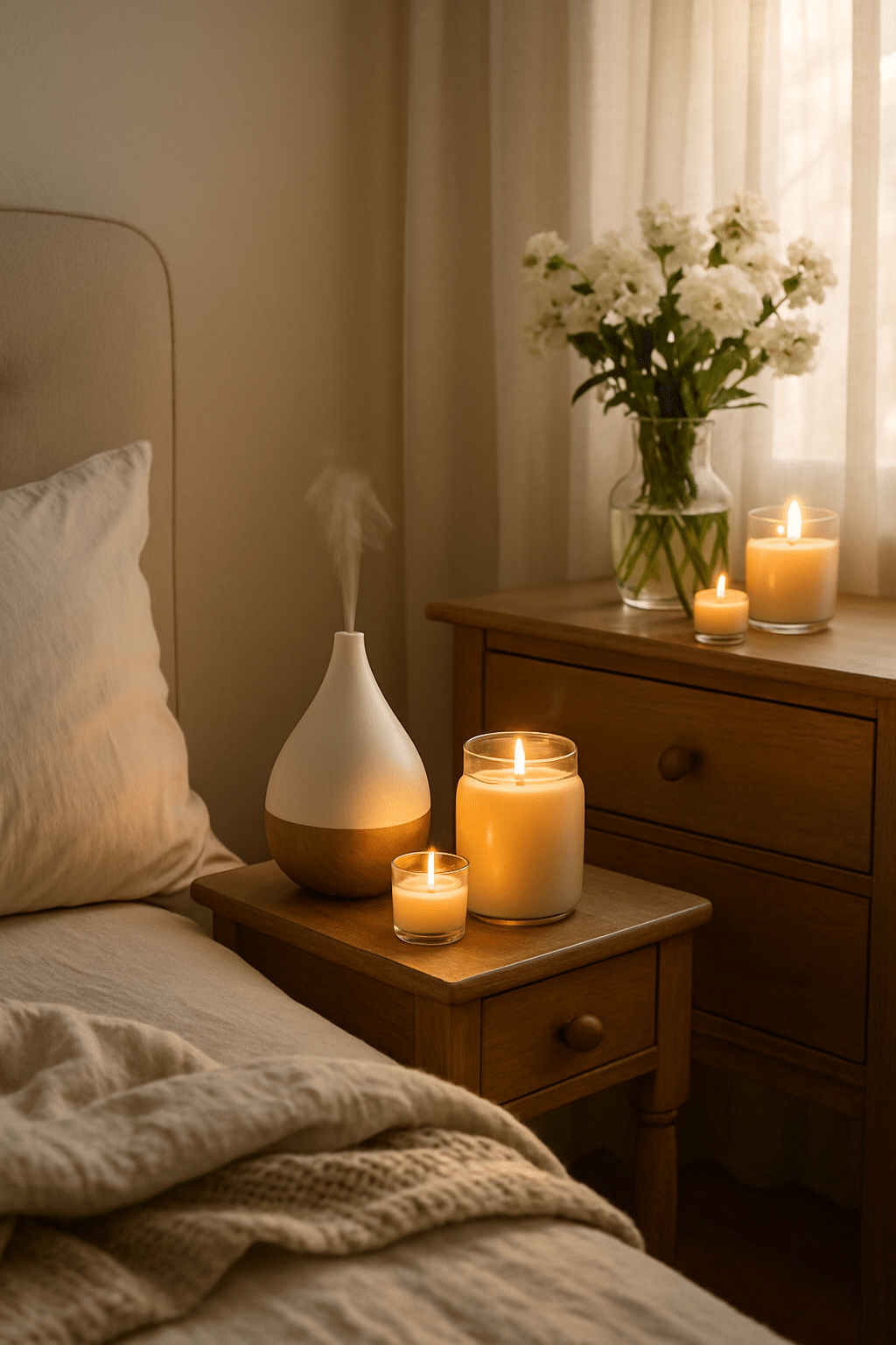 A cozy bedroom scene featuring a vase of white flowers, a diffuser, and candles on a nightstand.