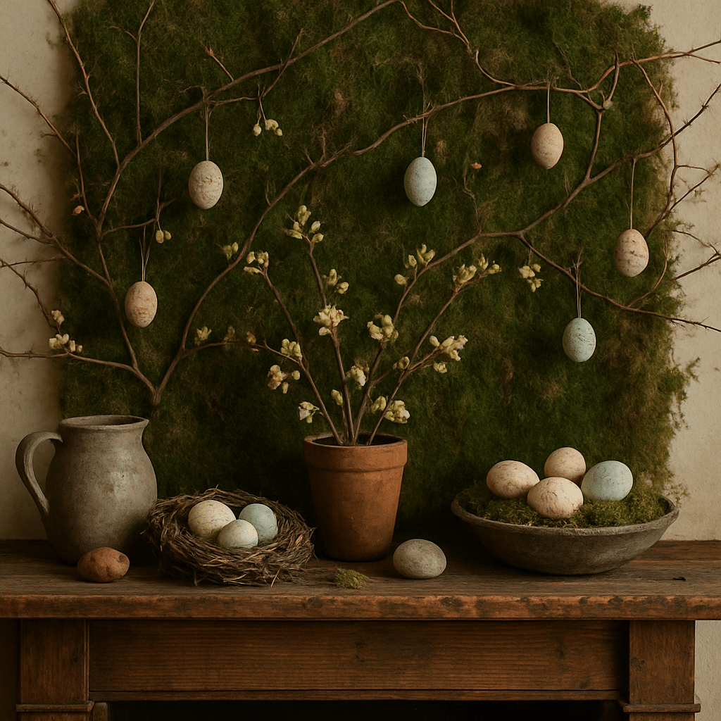 A rustic Easter mantle display featuring moss, branches, and pastel-colored eggs.