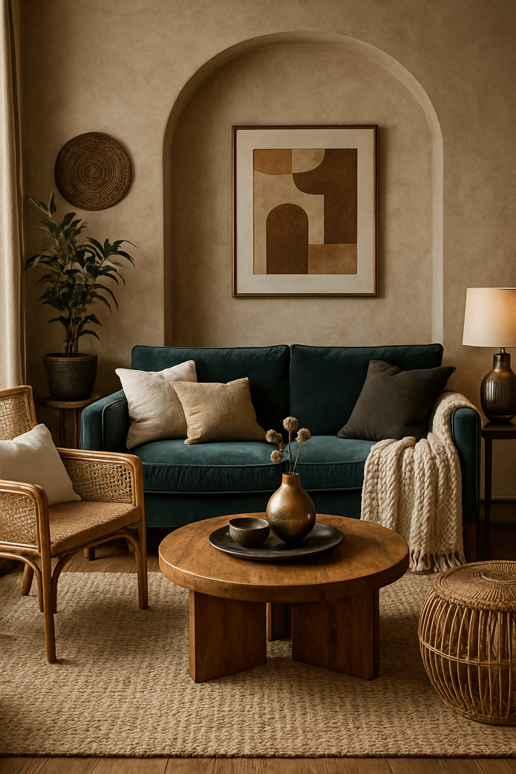 A cozy living room featuring a teal couch, wooden coffee table, woven chair, and decorative items.