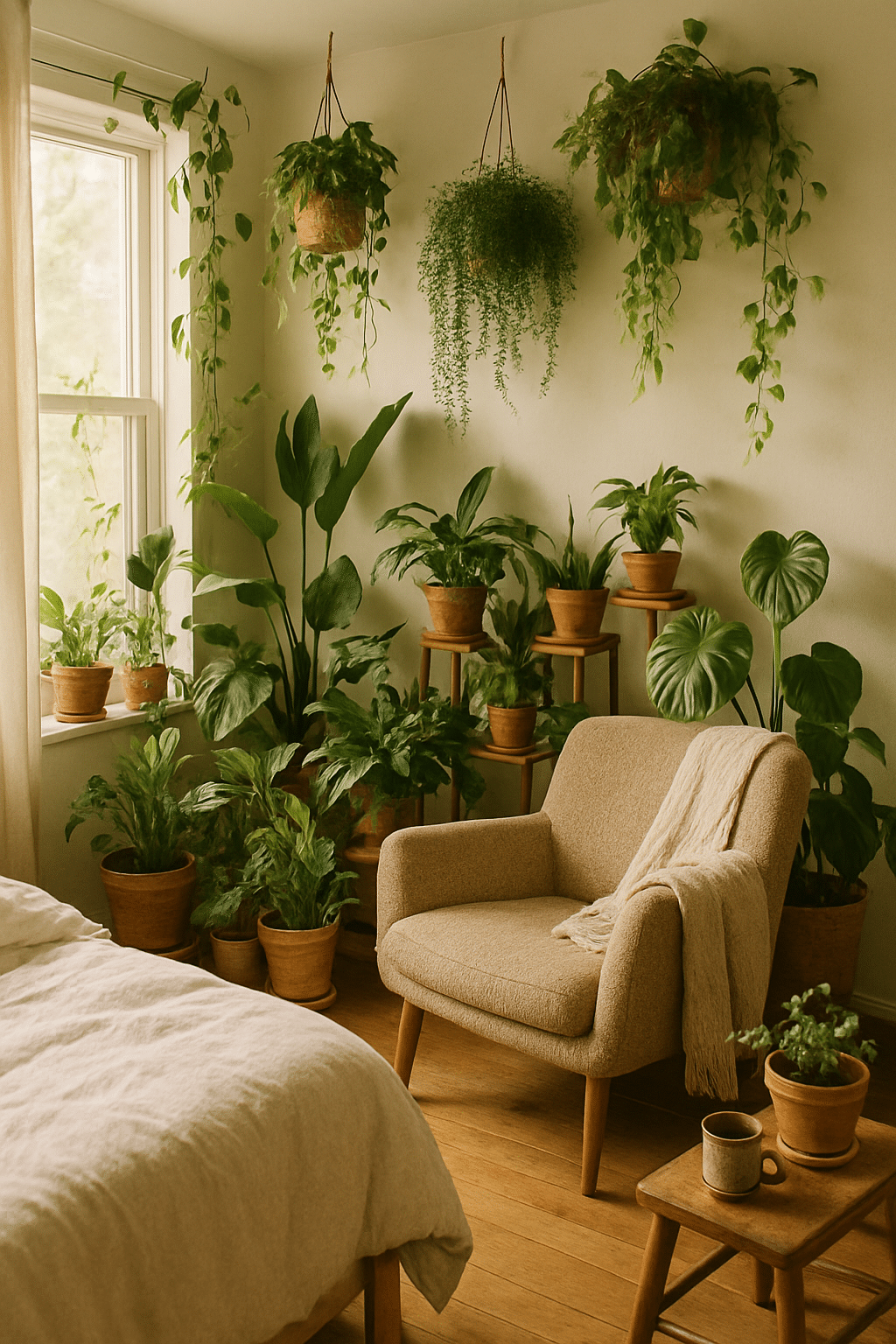 A cozy bedroom corner filled with various indoor plants, a comfortable chair, and a small wooden table.