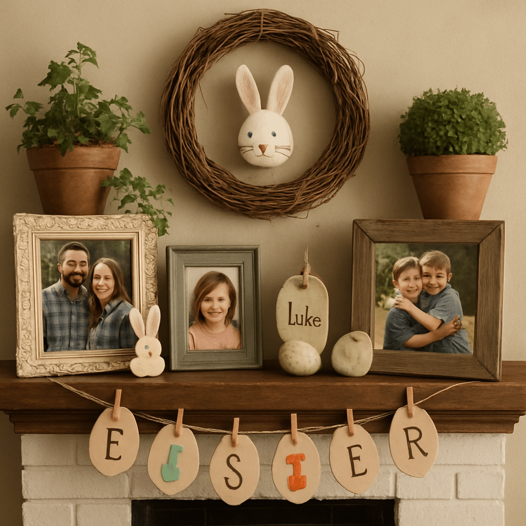 A cozy Easter mantle display featuring family photos, a bunny decoration, and a festive banner.