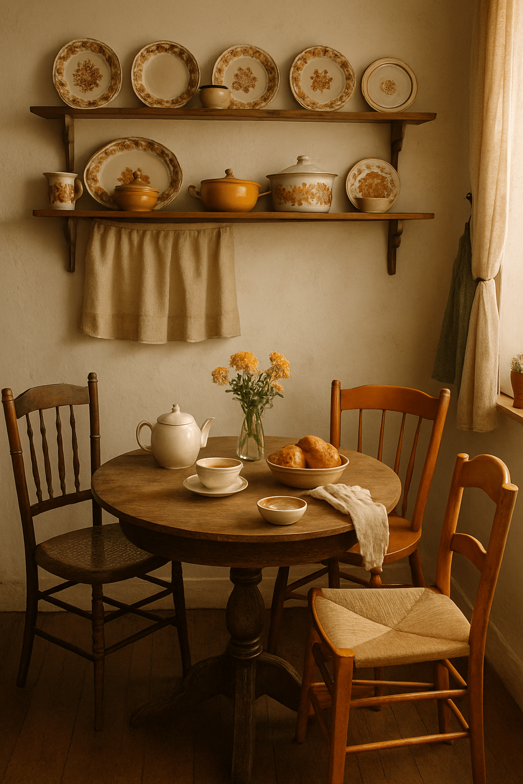 A cozy breakfast nook with a wooden table, vintage dishes on shelves, and fresh flowers in a vase.
