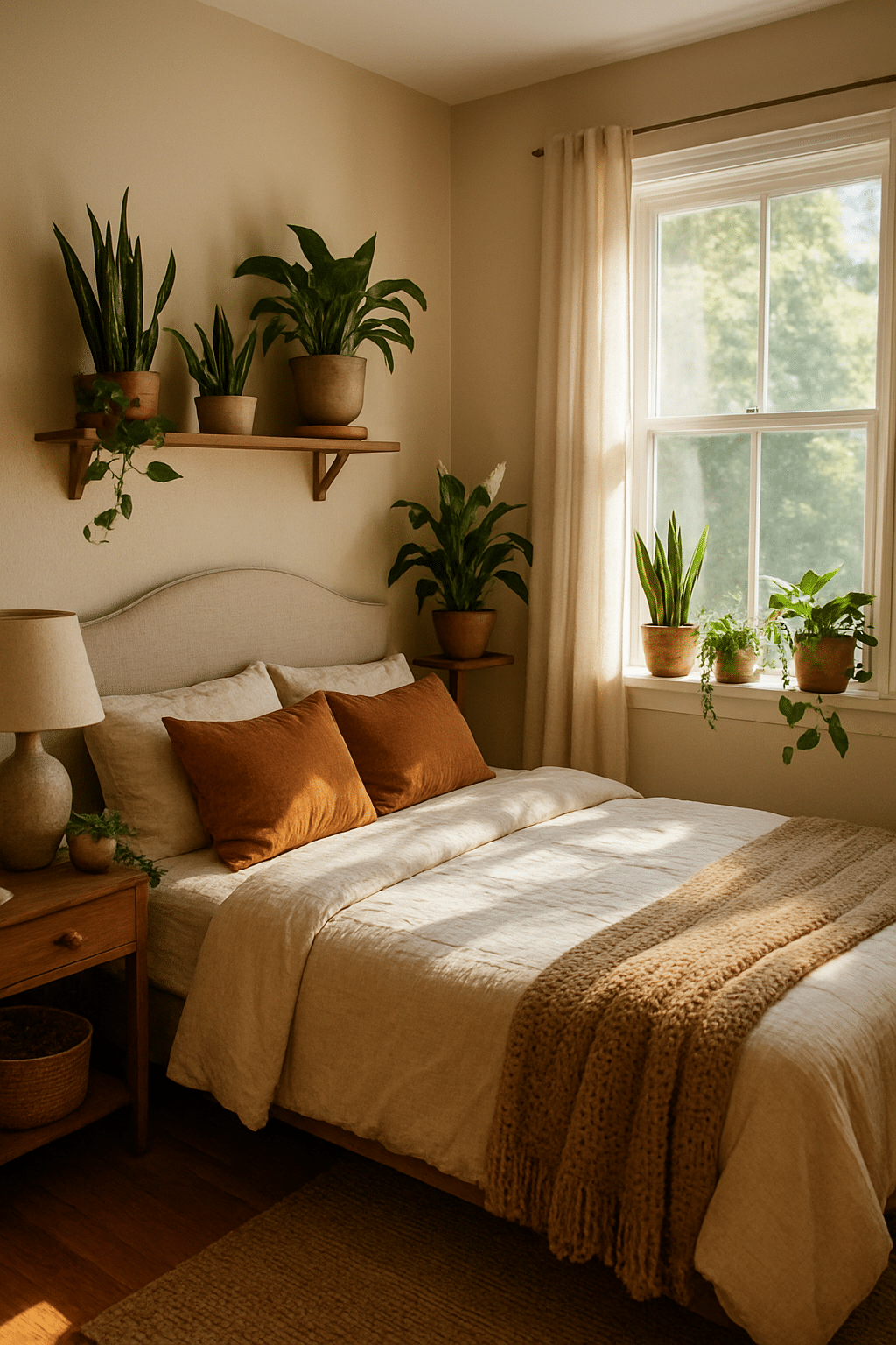 A cozy master bedroom with various indoor plants on shelves and windowsills, featuring a bed with neutral bedding and earthy accents.