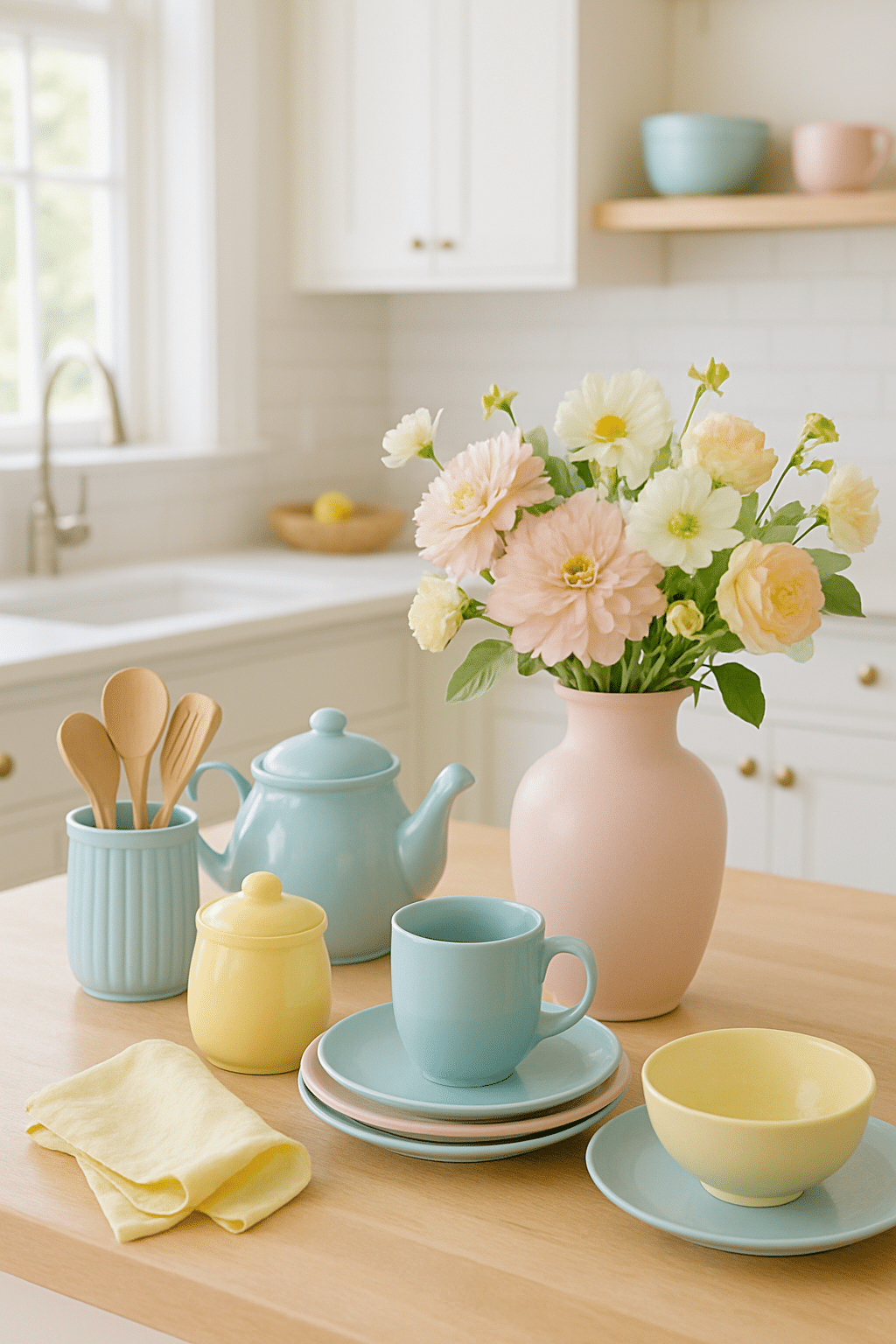 A kitchen counter decorated with pastel colored kitchenware and a bouquet of flowers in a vase.