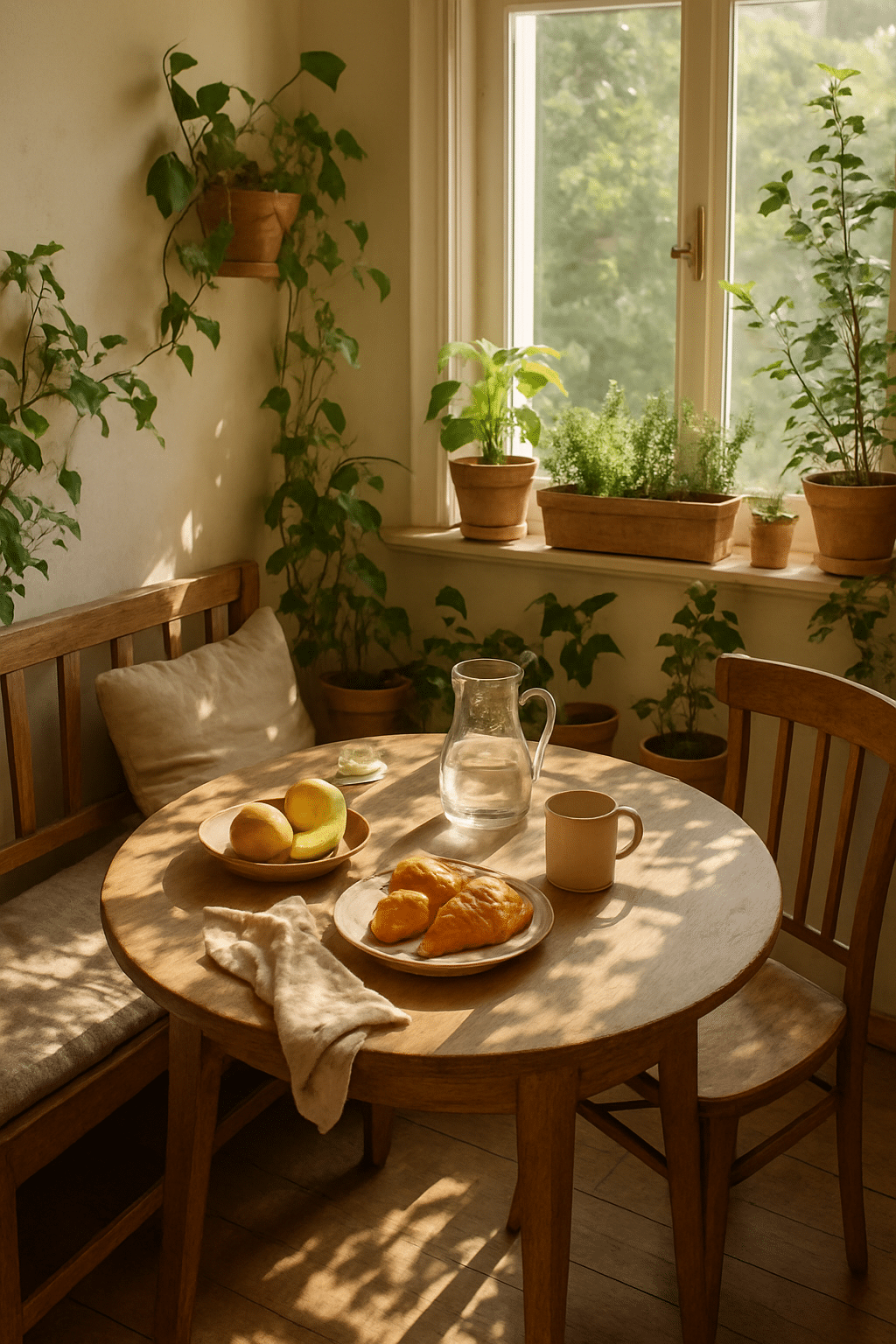 A cozy breakfast nook with wooden furniture, plants, and a table set with fruits and pastries.