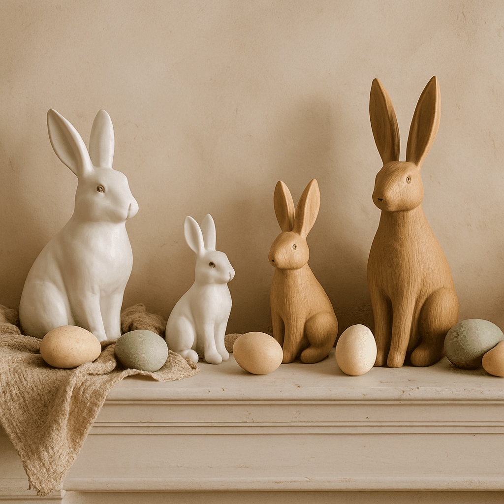 A collection of elegant bunny figurines in various sizes and colors, displayed on a mantle with pastel eggs.