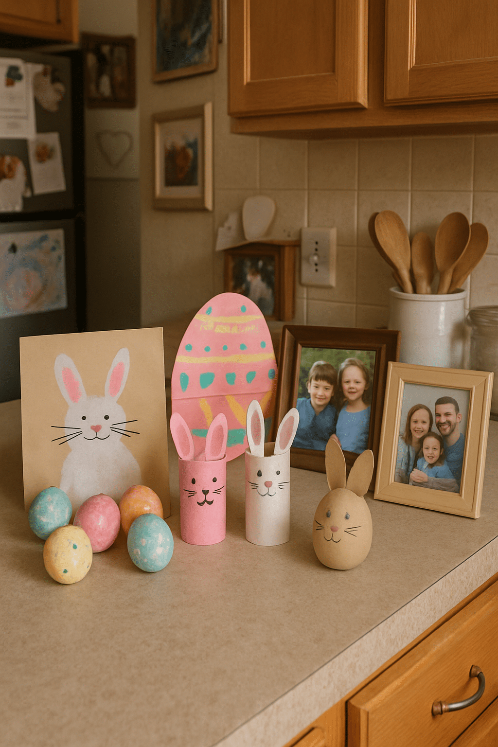 A charming kitchen counter decorated with handmade Easter crafts including bunny figures, colorful eggs, and cheerful artwork.