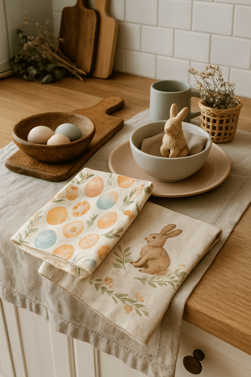 A charming kitchen counter decorated for Easter with pastel fabrics, wooden bowls, and bunny figurines.