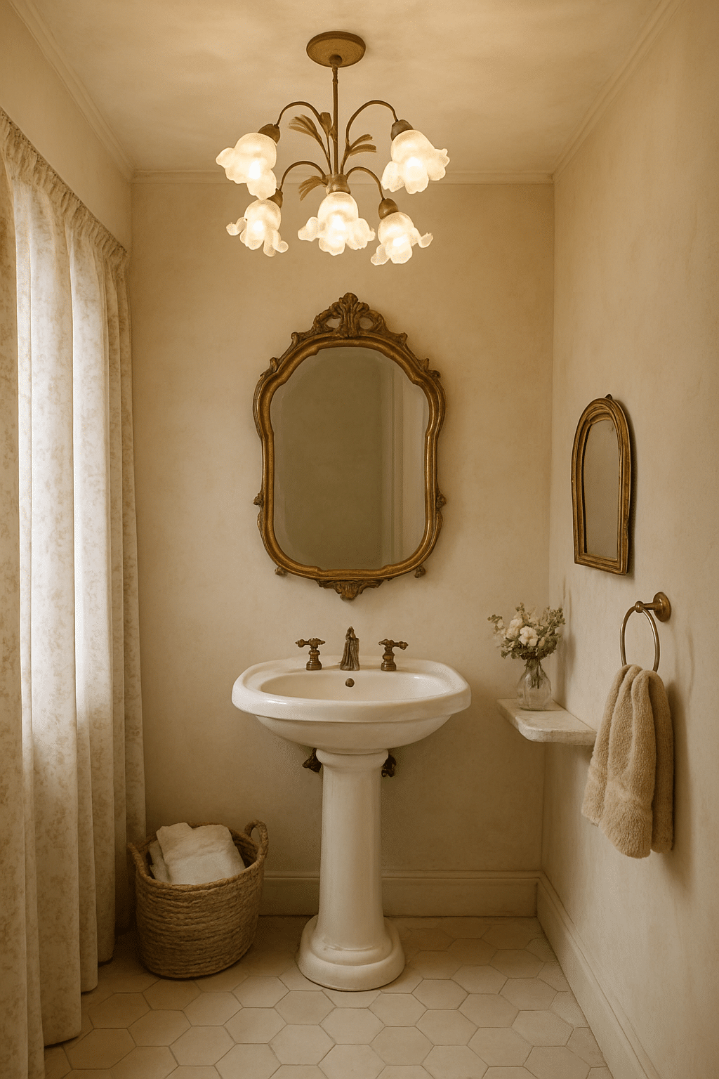 A vintage floral-inspired chandelier in a guest bathroom, illuminating a soft-colored space with a mirror and sink.