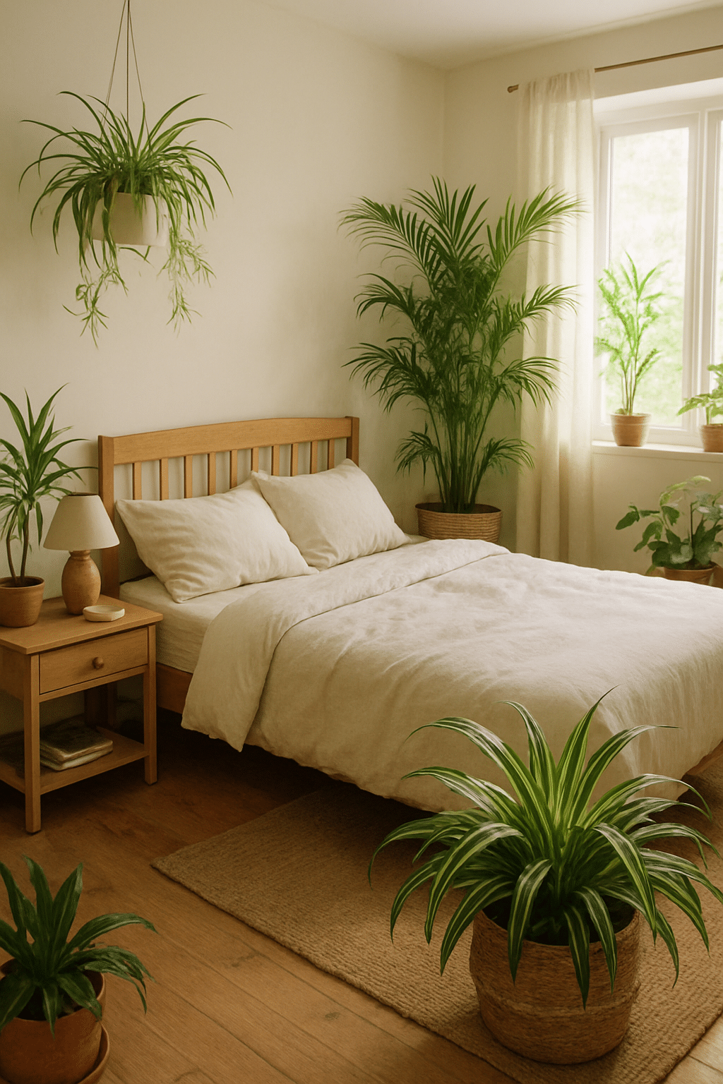 A cozy master bedroom with various air-purifying plants, including a hanging plant and potted plants, creating a fresh and inviting atmosphere.