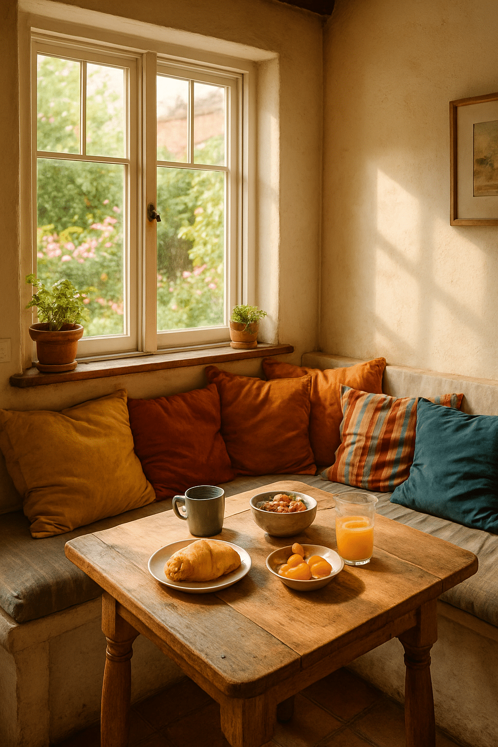 A cozy breakfast nook with colorful cushions, a wooden table, and a view of greenery outside.