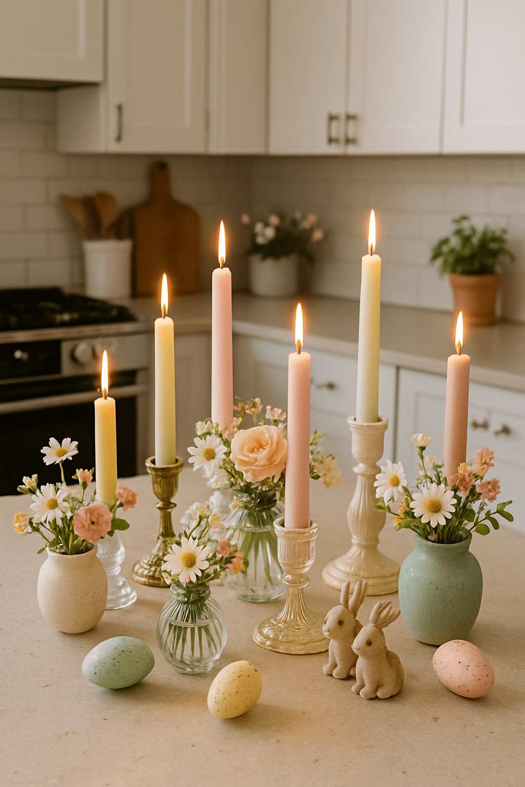 A cozy kitchen counter decorated with pastel candles, flowers, and Easter-themed decor.