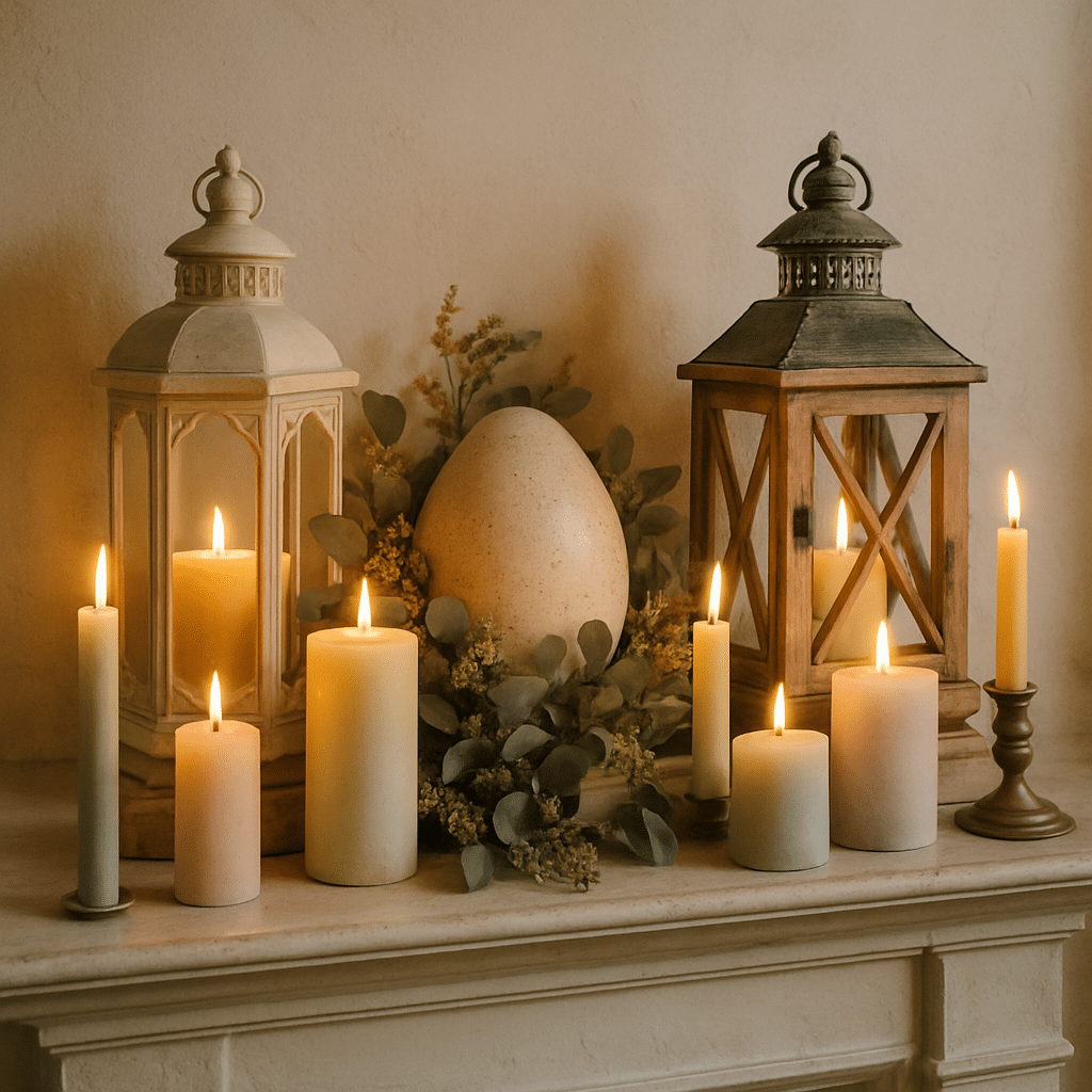 A cozy mantle display featuring candles and lanterns for Easter.