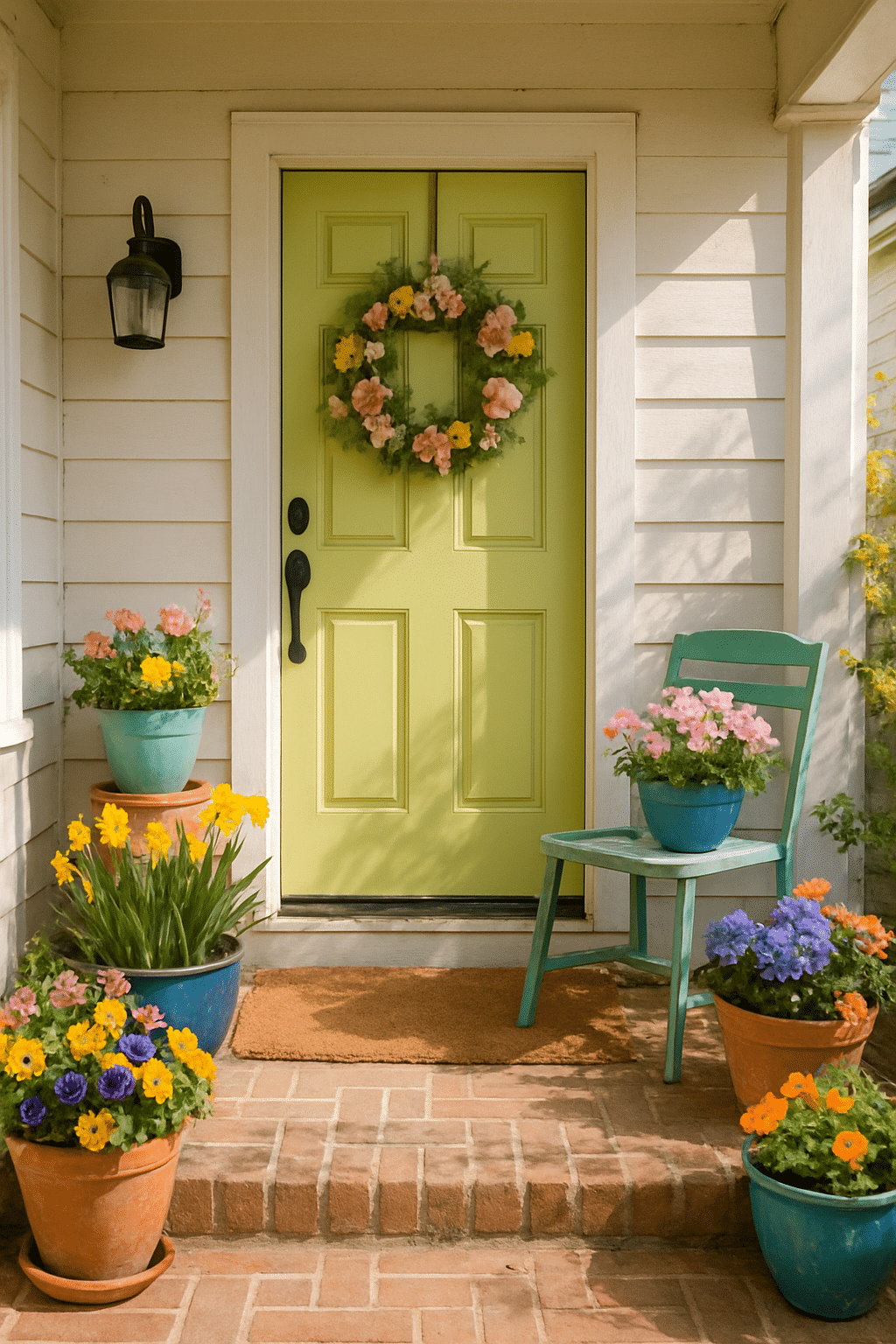 A vibrant green front door with a floral wreath, surrounded by colorful flower pots and a turquoise chair.