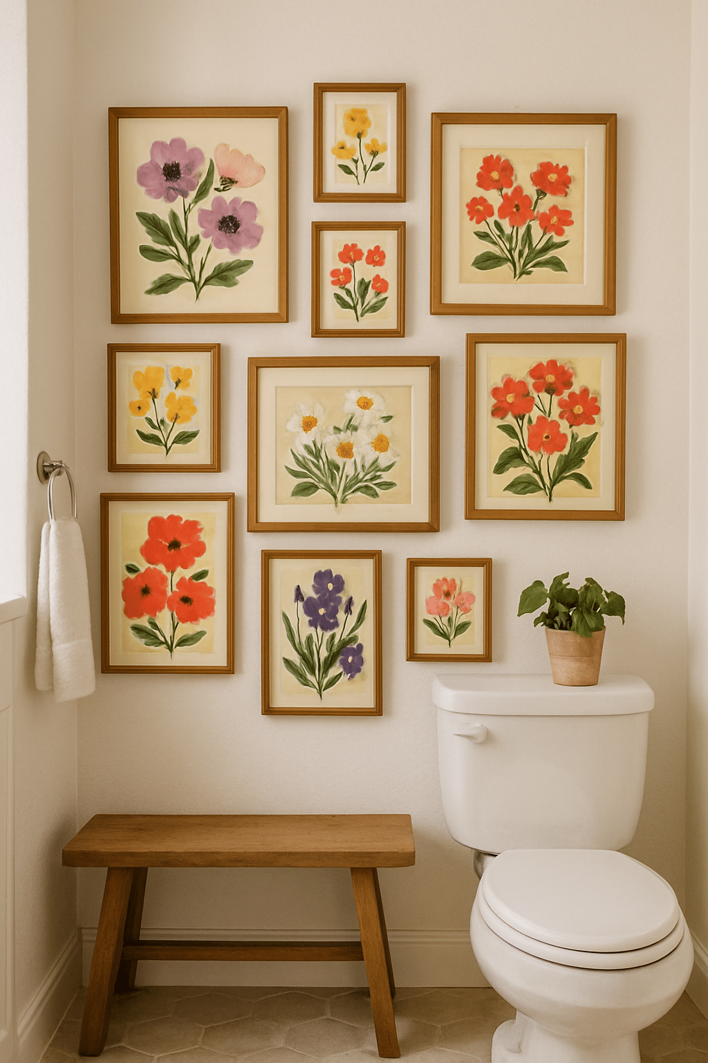 A gallery wall featuring various floral paintings in different frames, with a wooden bench and a small potted plant in a guest bathroom.