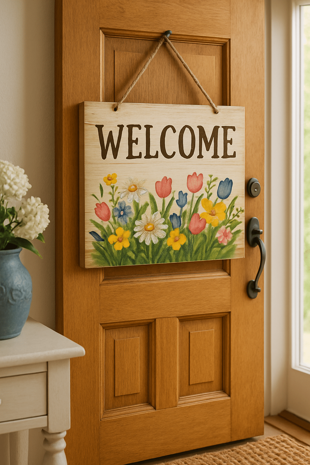 A wooden welcome sign with flowers hanging on a door.