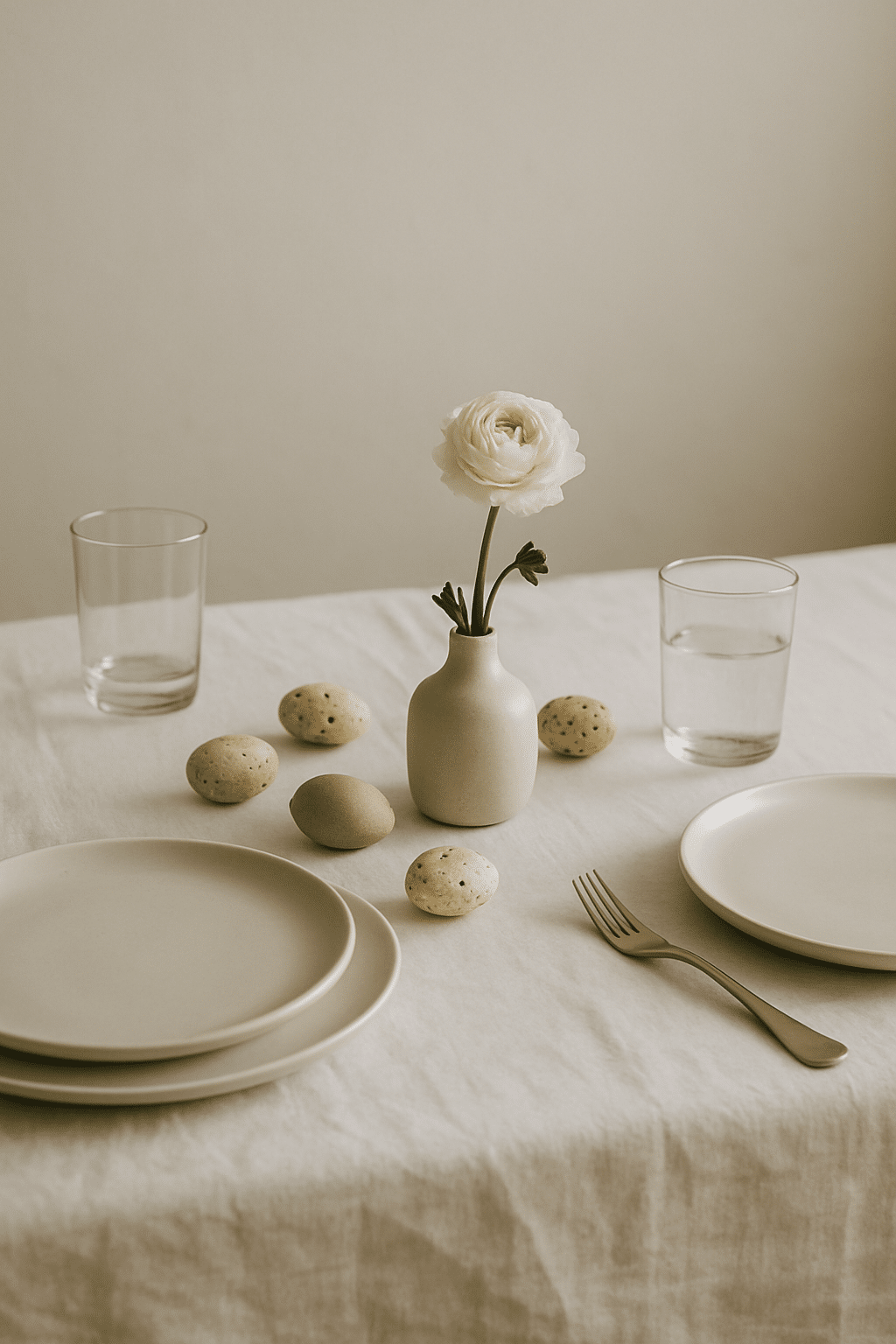 A minimalist Easter dining table setting with neutral tones, featuring a flower vase, plates, and decorative eggs.