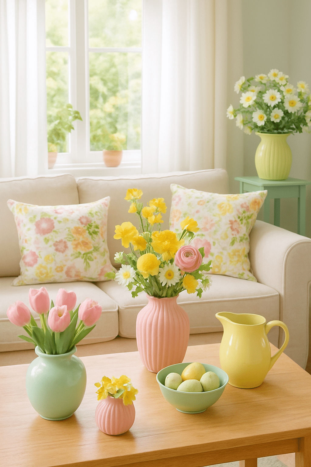 A cozy living room with pastel decor, featuring floral pillows, colorful vases with flowers, and a bowl of green apples on a wooden coffee table.