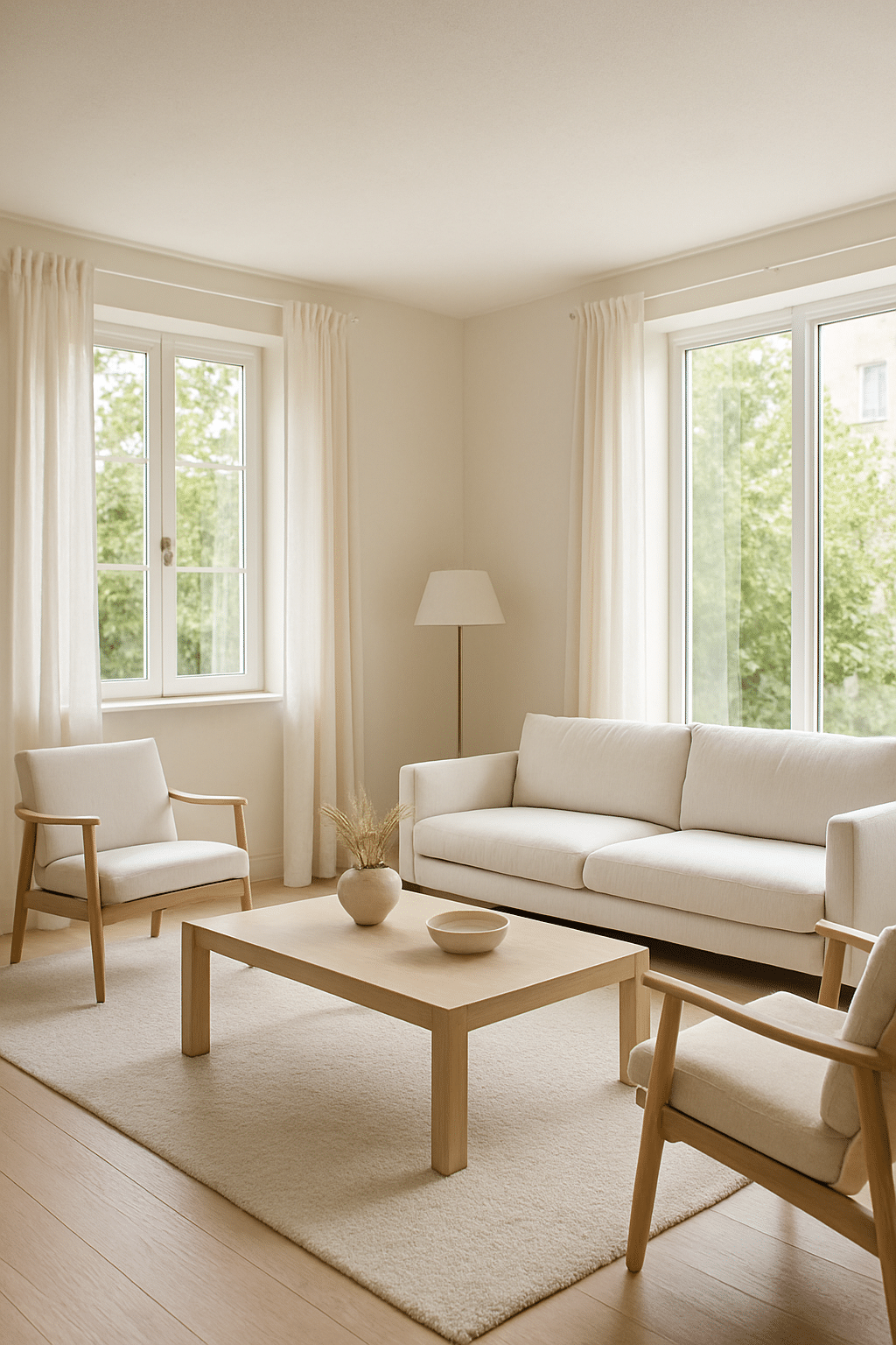 Bright and airy living room with light furniture and soft colors.