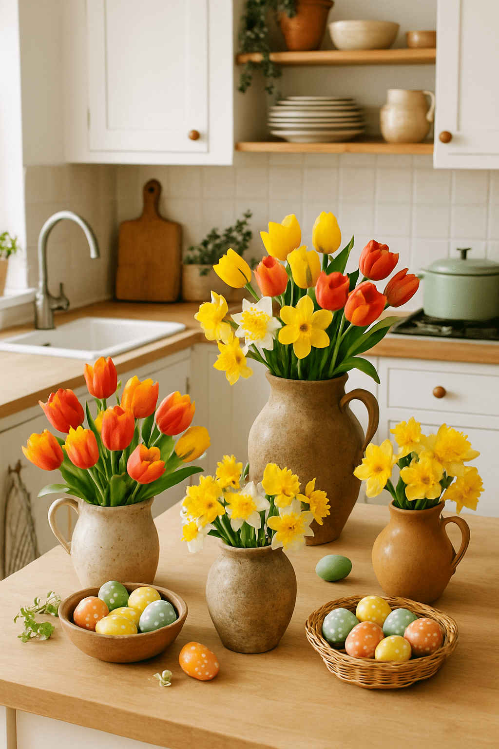 A kitchen counter decorated with vibrant tulips, daffodils, and colorful Easter eggs.