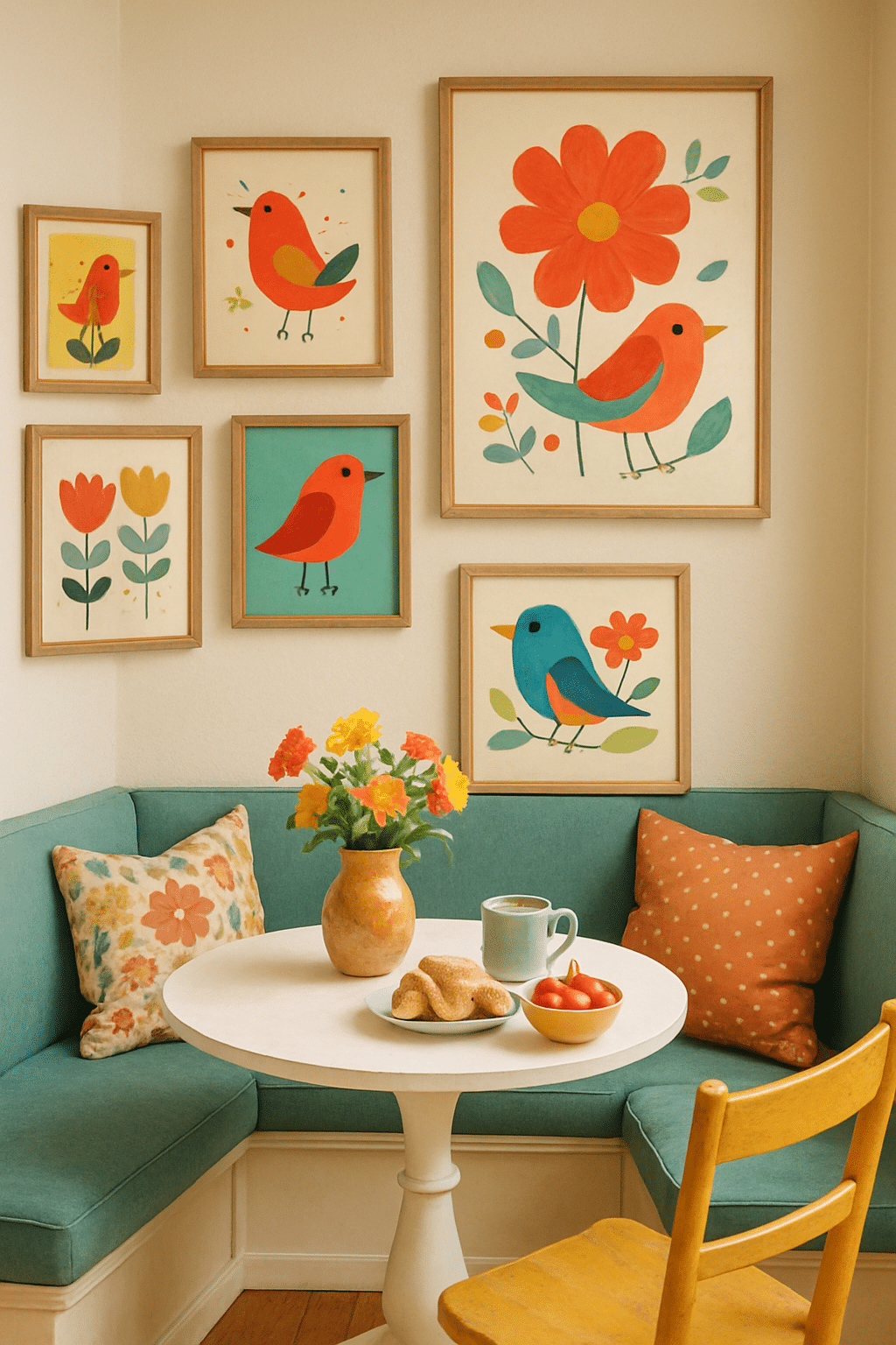 A cozy breakfast nook with colorful bird and flower wall art, a round table, and a vase of flowers.