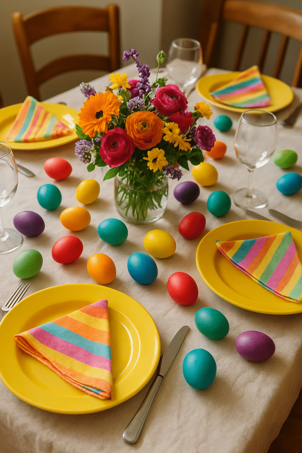 A colorful Easter dining table setting with yellow plates, striped napkins, a floral centerpiece, and decorated eggs.