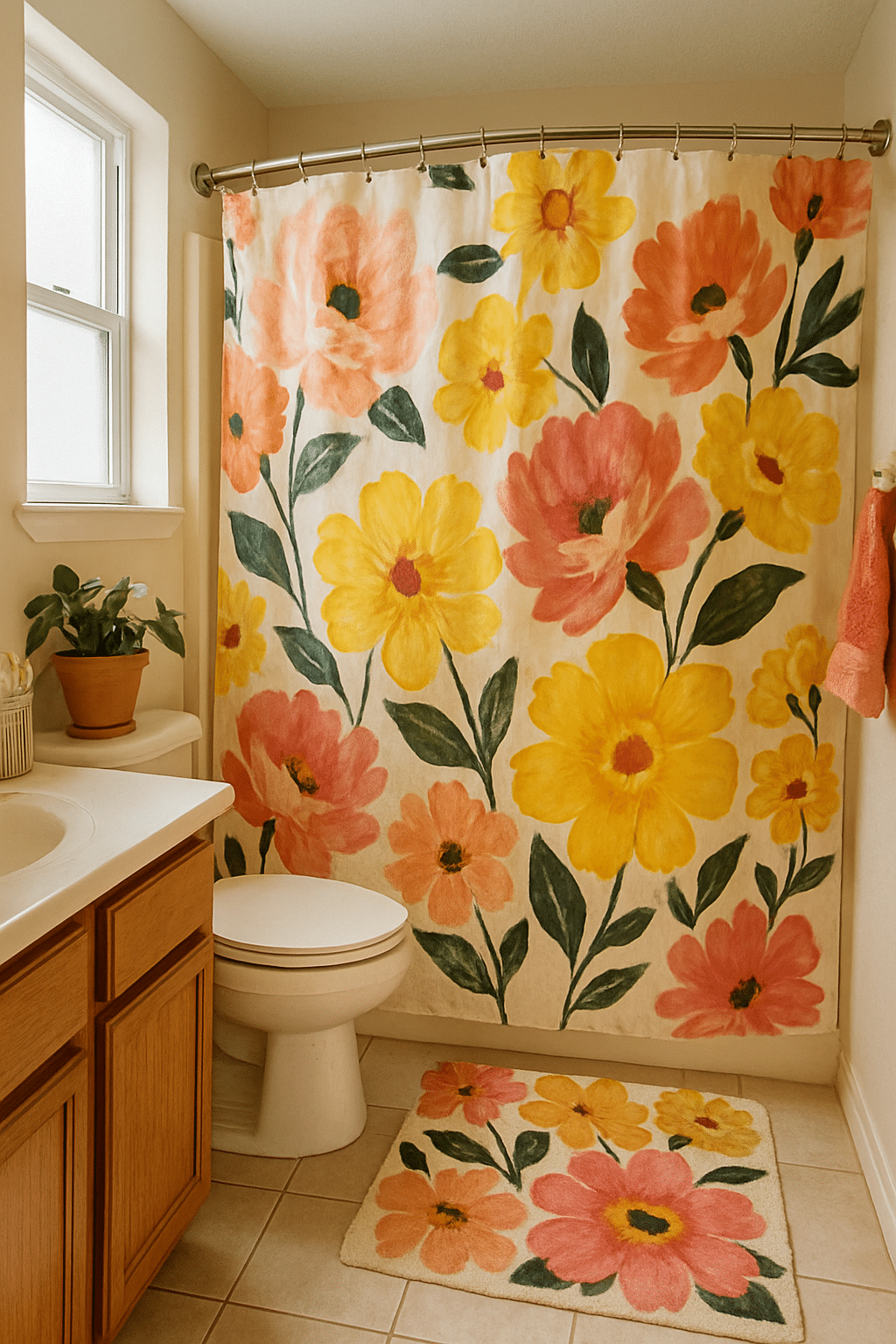A bright and cheerful bathroom featuring a floral shower curtain and matching rug.
