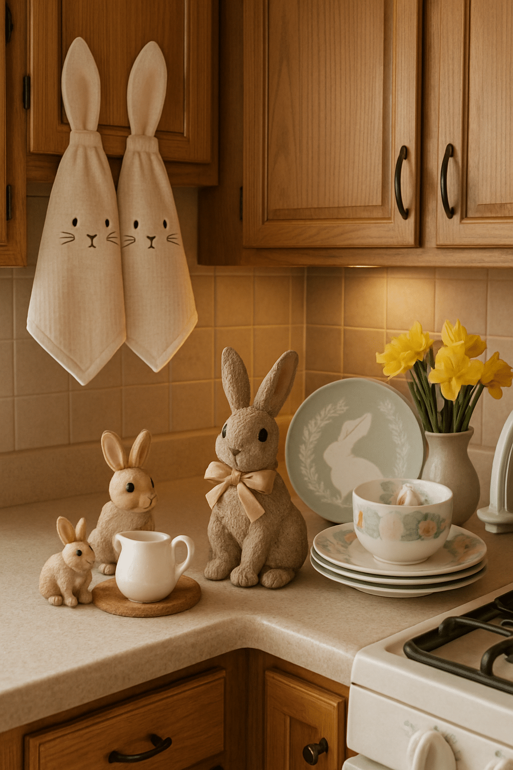 A charming kitchen counter decorated with bunny figurines, bunny-themed towels, and fresh daffodils.